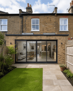  Completed rear house extension with modern glazing and patio