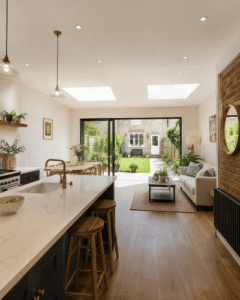 Finished open-plan kitchen dining and living space with garden view