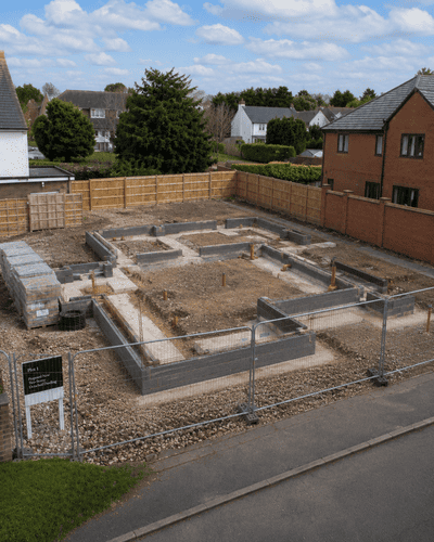 Foundation trenches and early blockwork for residential construction