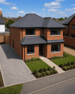 Completed front exterior of modern detached family home