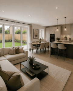 Finished open-plan kitchen dining and living space in new build home